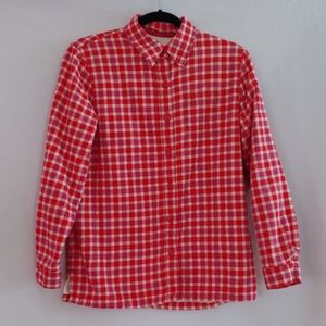 LL Bean Cotton White Orange Red Checked Fleece Lined Button Up Shirt Size XS